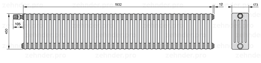 Схема (чертеж) Радиатор Zehnder Charleston 5045/42 №V012 Белый глянцевый RAL 9016